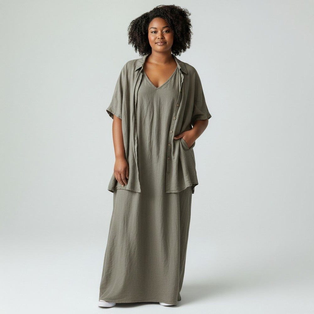 Avenue Womens Plus 22 26/28 Linen Blend Maxi Dress and Shirt Set Olive Green